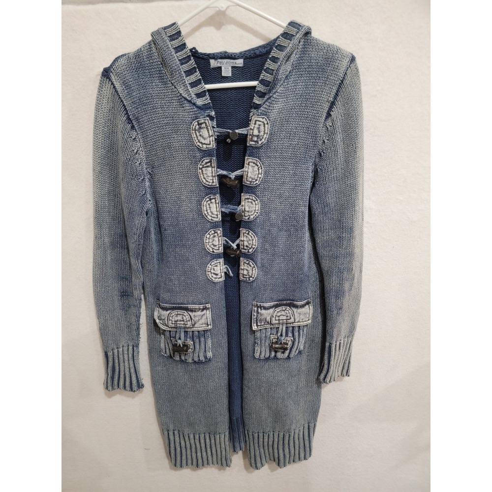 PBJ BLUES Denim Knit Toggle‎ Cardigan Duster Hoodie Fairy Grunge Size M Y2K VTG